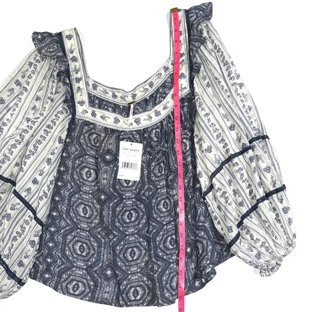 NWT Free People Mostly Meadow Blue Ivory Long Puff Sleeve Square Neck Top Size L